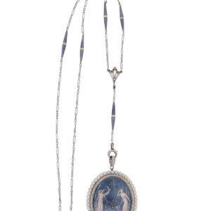 Fernand Paillet Designed Platinum, Diamond & Pearl Pendant Necklace with Painted Neoclassical Enamel Scenes c. 1910s
