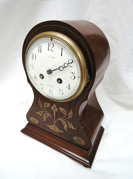 Tiffany & Co French Made Wooden and Brass Inlay 8 Day Mantel Clock.  Keywind. Chimes c1920s