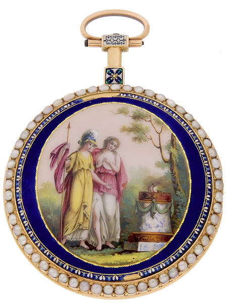 Swiss Verge 18k Yellow Gold & Enamel Open-Face Key-wind Pocket Watch studded with Pearls, with scene of Minerva & Maiden before alter of love, c.1790