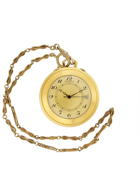 Jaeger LeCoultre Gold Plated Openface Alarm Pocket Watch with Date and Chain