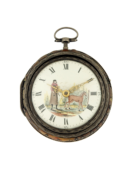 Swiss Triple Case Silver & Painted Horn Pocket Watch c. 1780, Verge, Painted Dial