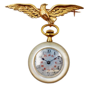 Swiss 18k Yellow Gold Open face pocket watch with 18k Yellow Gold bird brooch c. 1900