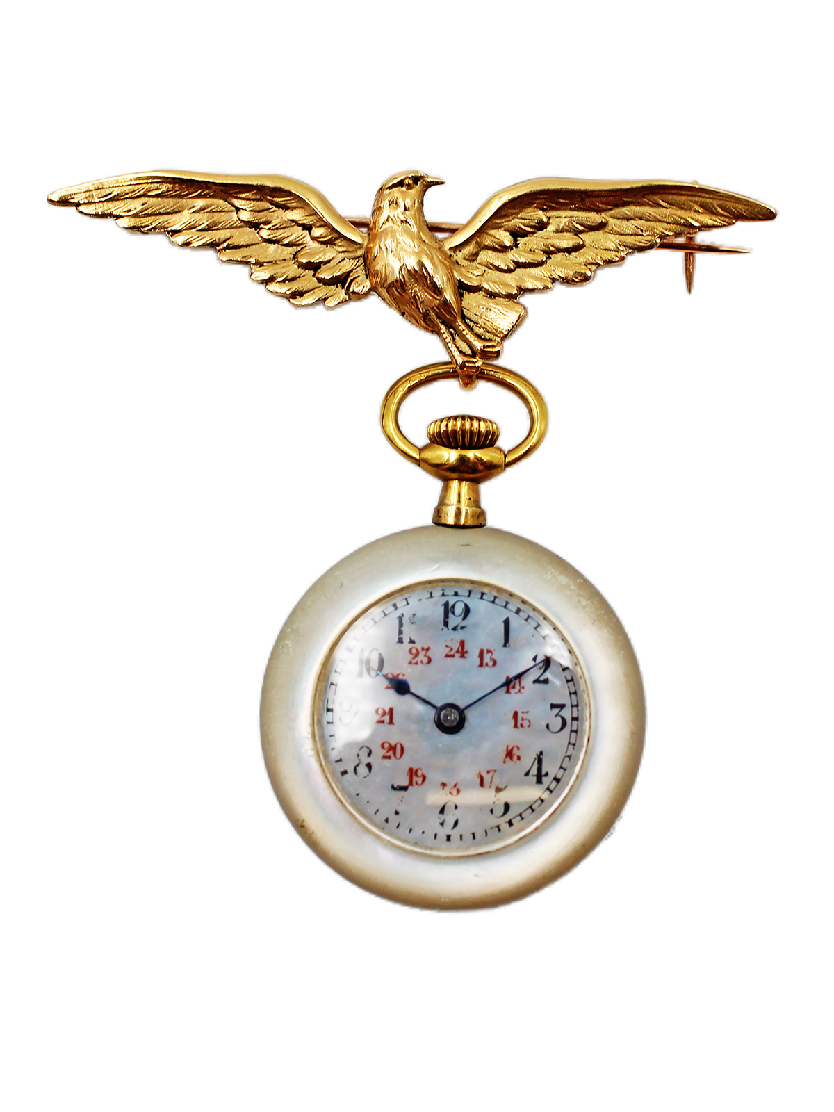 Swiss 18k Yellow Gold Open face pocket watch with 18k Yellow Gold bird brooch c. 1900