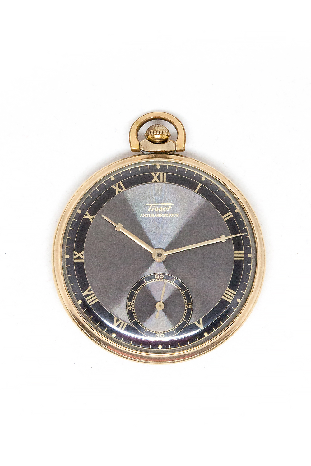 Tissot "Antimagnetique" Gold Fill Open Face Pocket Watch with 2-Tone Black Dial