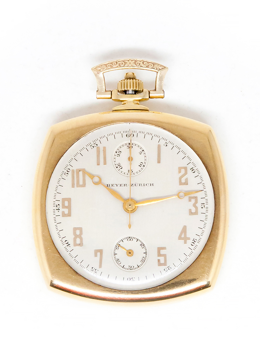 Beyer-Zurich 18k Yellow Gold Cushion-Shaped Open Face Chronograph Pocket Watch c. 1930s