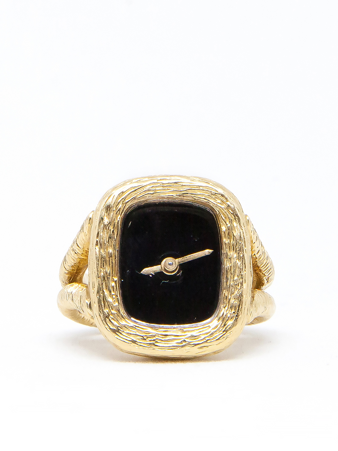 Swiss 18k Yellow Gold Ring Watch with Onyx Dial