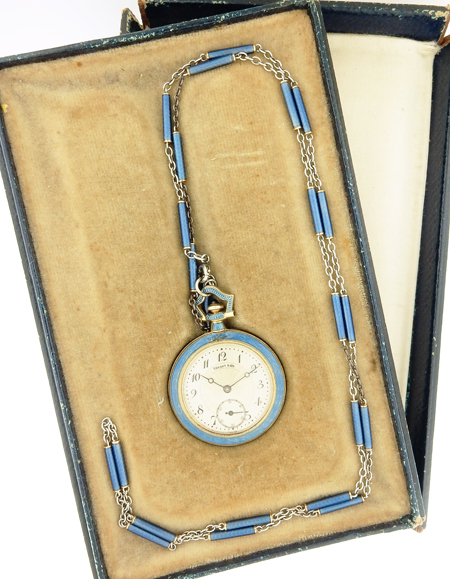 Tiffany & Co. fine 18k gold and blue enamel pendant watch and a chain, w/ box, c.1910