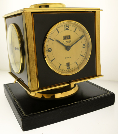 Hermes, Gilt Metal Quartz Compendium Desk Clock w/ Weather Station c.1970s