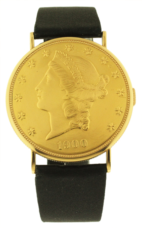 Piaget 18K Yellow Gold $20 Coin, mechanical with yellow gold buckle and Piaget Pouch.