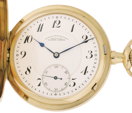 A. Lange & Sohne 14k Yellow Gold Hunter case pocket watch with perfect enamel dial