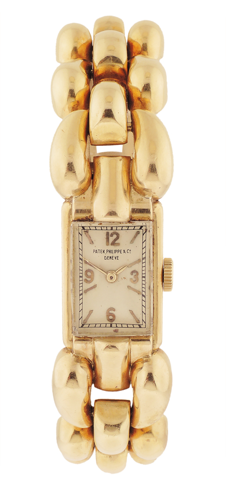 Patek Philippe ladies' 18k yellow gold manual winding bracelet watch with teardrop shaped links. Circa 1935