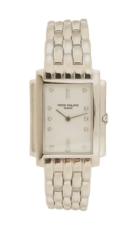 Patek Philippe "Gondolo" 18k White Gold and Diamond-Set Lady's Quartz Bracelet Watch Ref. 4824/1G with Presentation Box, Product Literature, Leather Envelope and Extract, c.2006