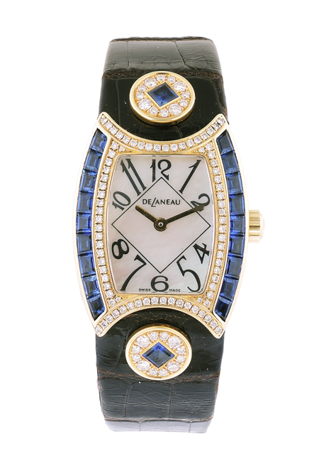 DeLaneau "Princess" 18k Yellow Gold, Diamond, and Sapphire Lady's Wrist Watch with Hang Tag