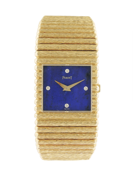 Piaget "Emperador" 18k Yellow Gold, Lapis, and Diamond Men's Bracelet Watch in Mint Condition, c.1980s