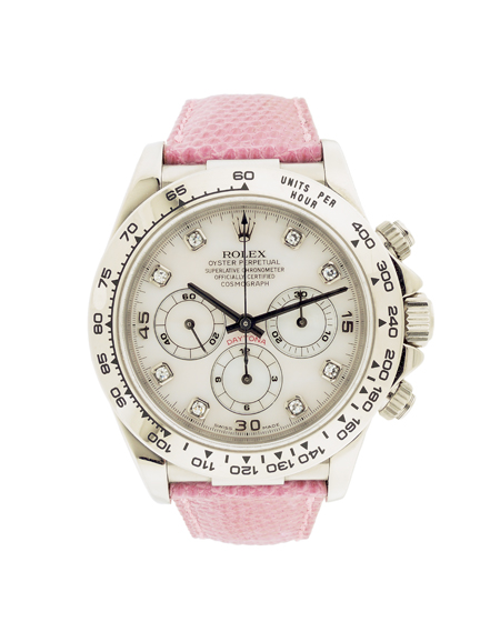 Rolex "Daytona" 18k White Gold Oyster Perpetual With Light Pink Mother of Pear Dial and Diamond indexes. Box and Papers