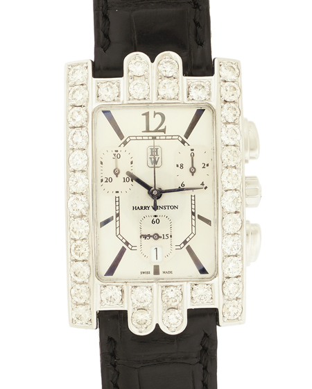 Harry Winston "Avenue" 18k White Gold  and diamond-set rectangle wristwatch (Ref#:310UCQW) with Harry Winston White Gold & Diamond buckle, Black Croc band and H.W. box