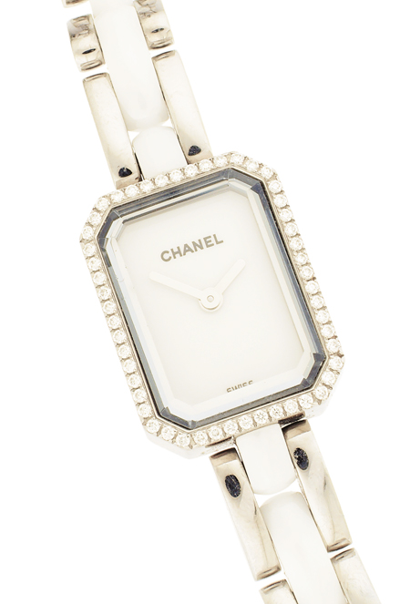 Chanel "Collection Premiere" Stainless Steel, diamond & white ceramic lady's triple row wrap around bracelet watch