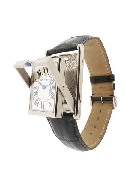 Cartier Tank Mecanique reverso "Basculante" SS watch.  Ref. 2390, circa 1990s with Blue Cartier croc strap and SS Cartier buckle