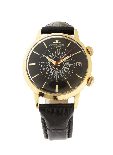 Jaeger-LeCoultre "World Time" Memovox Alarm Auto-Date Rare Vintage 18k Yellow Gold Wristwatch c. 1950s