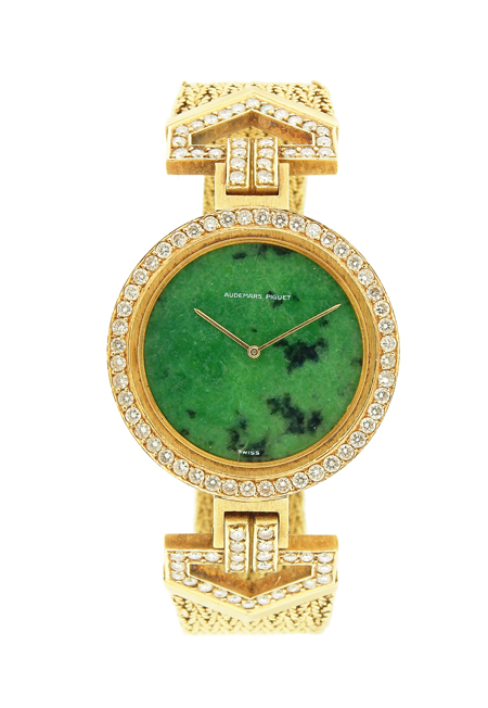 Audemars Piguet 18k Yellow Gold Ladies Bracelet Watch with Jade Dial & Diamonds c. 1970s