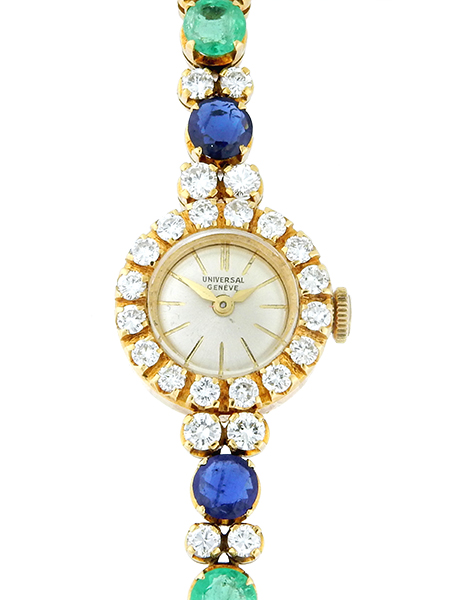 Universal Geneve 18k Yellow Gold Ladies Bracelet Watch with Diamonds, Sapphires & Emeralds c. 1960s