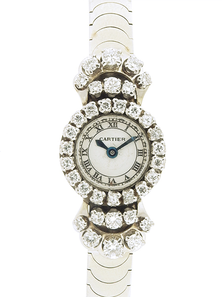 Cartier 18k White Gold & Diamond Lady's Bracelet Watch, w/ Backwind, case Hallmarked for Edmund Jaegar