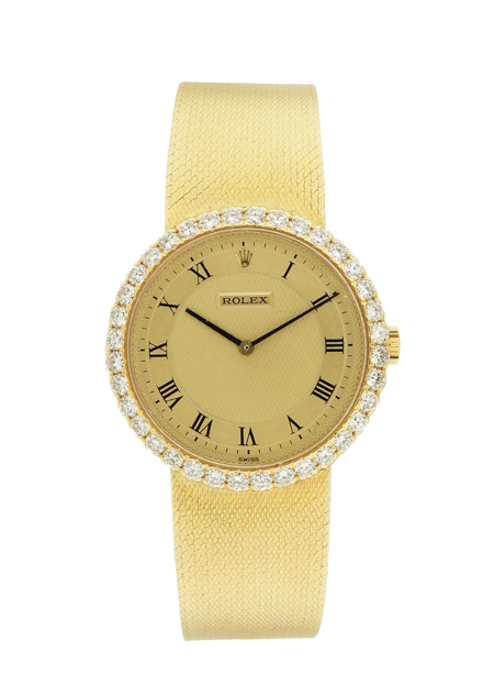 Rolex 18k Yellow Gold 3/4 size Bracelet Watch with 2 ct Diamond bezel, Quadruple Rolex Signatures