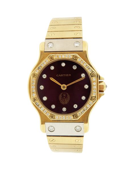 Cartier 18k Bi-color gold octagonal "Santos" with Jasper Stone Dial. Diamond dial, bezel and partial diamond links. C.1980s