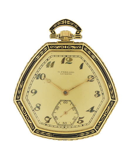 Fresard 18k Yellow Gold Openface Hexagonal-shaped Keyless Lever Pocket Watch c. 1930