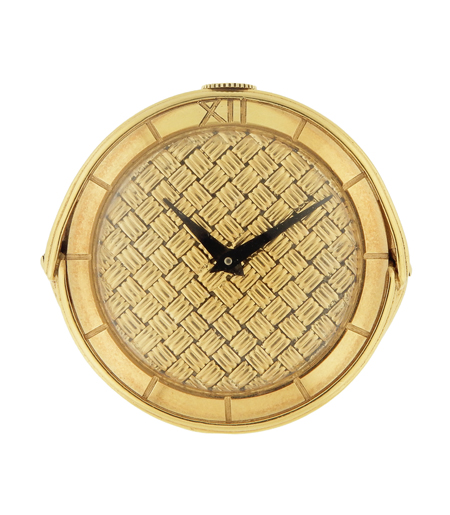 Universal Geneve 18k Yellow Gold Travel Clock with Basketweave textured dial c. 1950, w/ Jaegar Le-Coultre fitted leather case