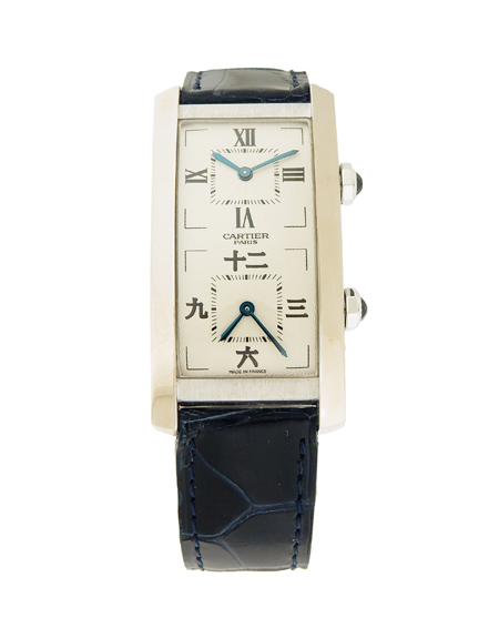 Cartier, Paris "Tank Americaine" Mecanique Dual Time 18K White Gold Wristwatch, French-Made Ltd. Ed. 046/100, c.1997