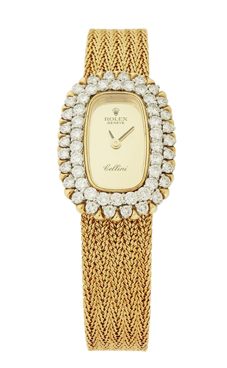 Rolex (Ref. 2579) "Cellini" Mechanical Wind 18k Yellow Gold Ladies' Bracelet Watch with 3 ct. Double Diamond Bezel, c. 1970