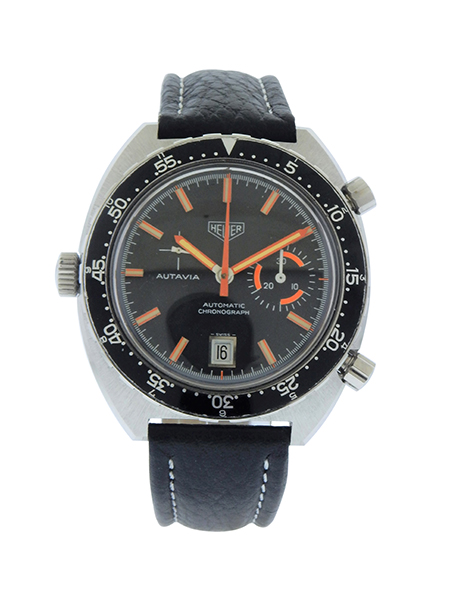 Heuer "Autavia" (Ref 2163) Auto-Date Chronograph Wristwatch c.1975, w/ Special Orange Hands, Indexes & Seconds Track