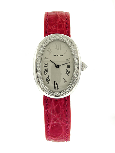 Cartier 18k White Gold "Baignoire" (Ref. 1955) Lady's wrist watch with Fuchsia Cartier strap