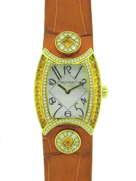 DeLaneau "Princess" 18k Yellow Gold, Diamond & Yellow Baguette Sapphire Lady's Wrist Watch w/ Mother of Pearl Dial