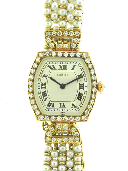 Cartier 18K Yellow Gold Tortue w/ Diamond Bezel, Hoods and Clasp & Pearl Bracelet c. 1960s