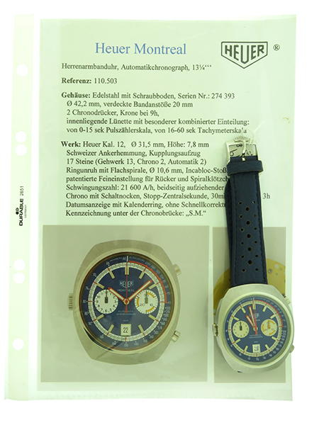 Heuer "Montreal Special Edition" Stainless Steel Men's Blue Leather Strap Watch c. 1970's