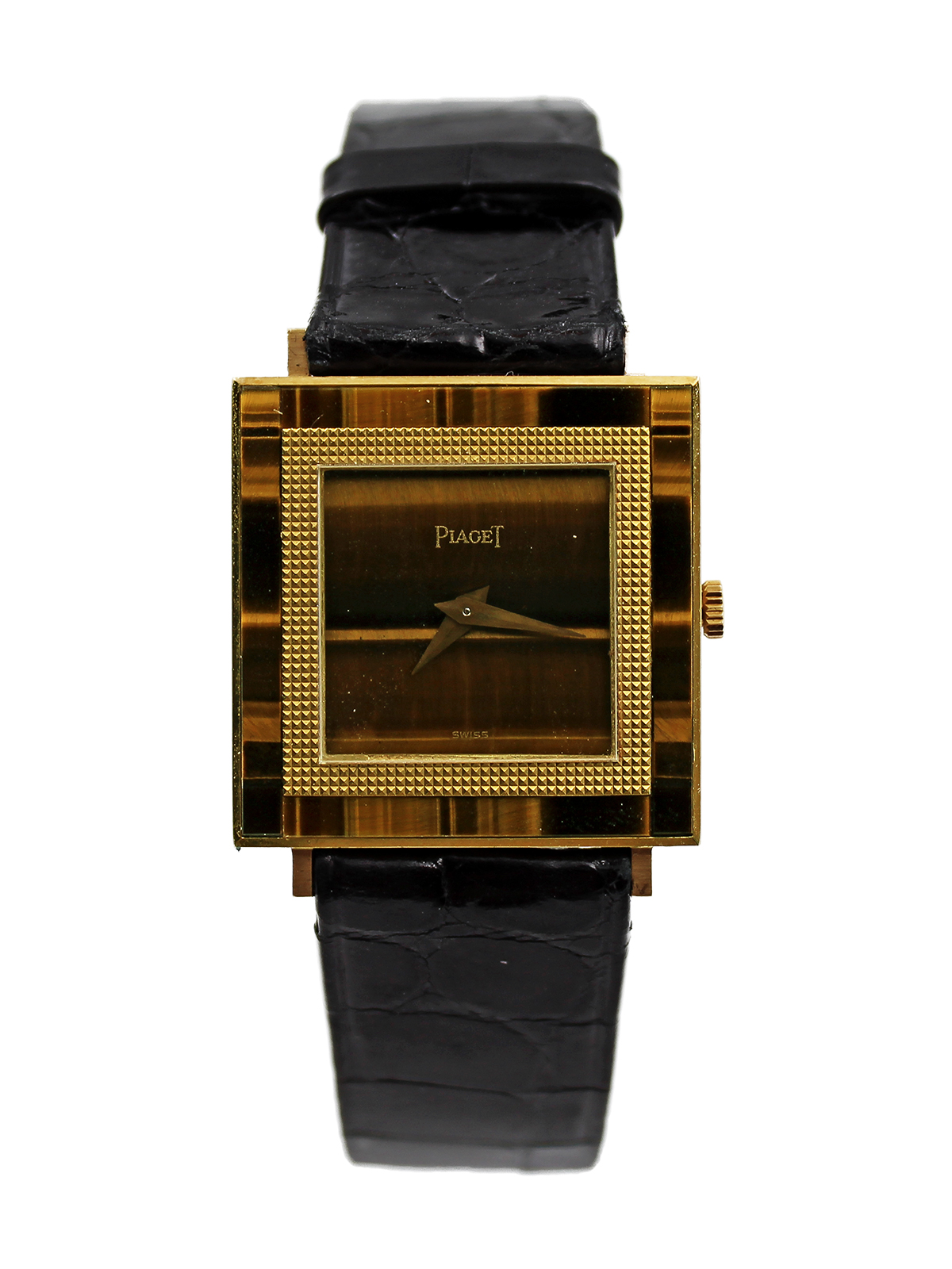 Piaget 18k Yellow Gold Square Tiger’s Eye Wristwatch with Pouch & Tag, Ref 9200