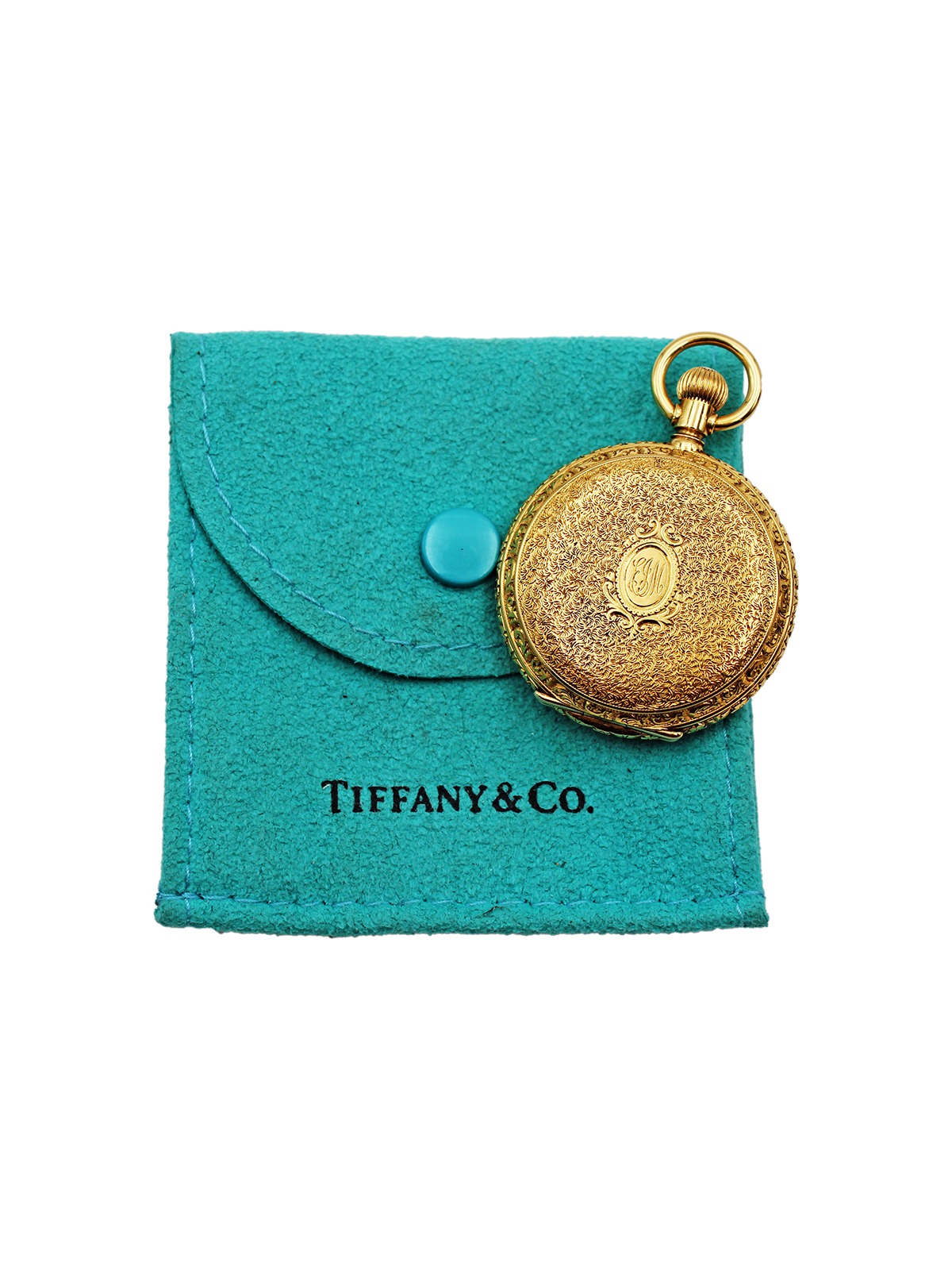 Tiffany & Co. 18k Yellow Gold Engraved Hunter-Case Pocket Watch with Tiffany Pouch c. 1900