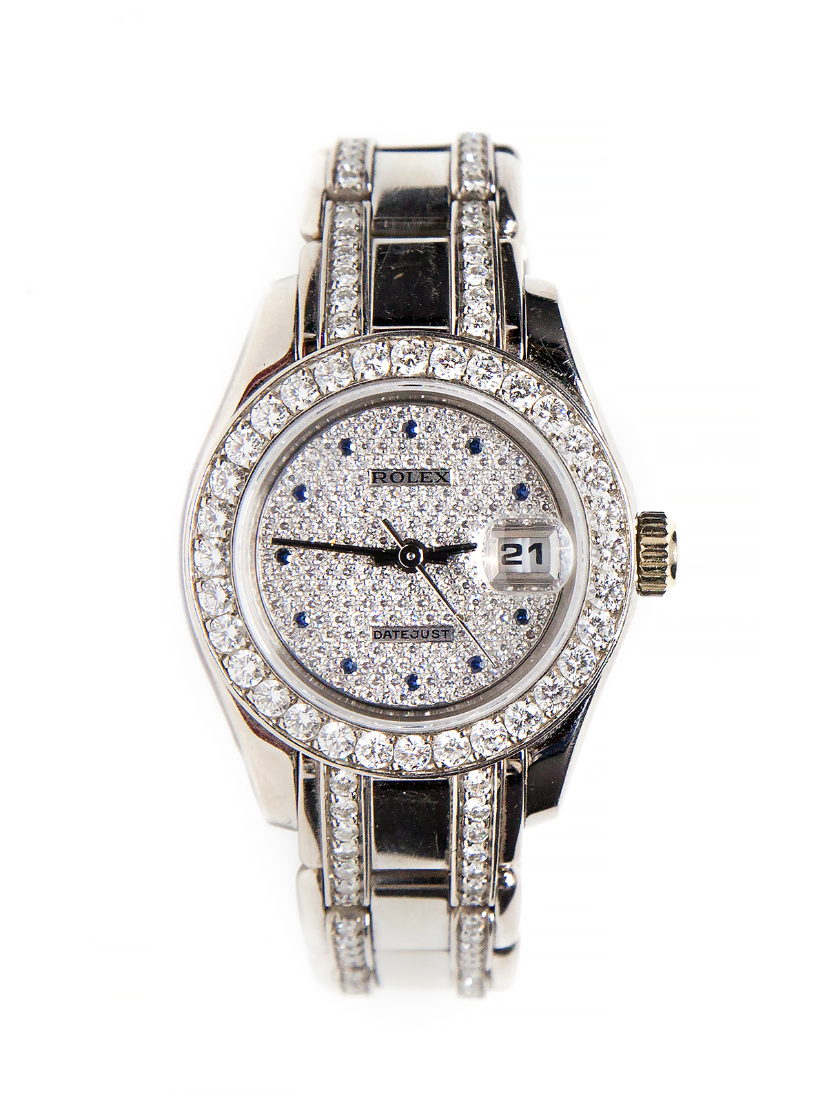 Rolex "Pearlmaster" (Ref 69299) 18k White Gold & Diamond-Set Auto-Date Lady's Bracelet Watch with Sapphire Indexes c. 1991