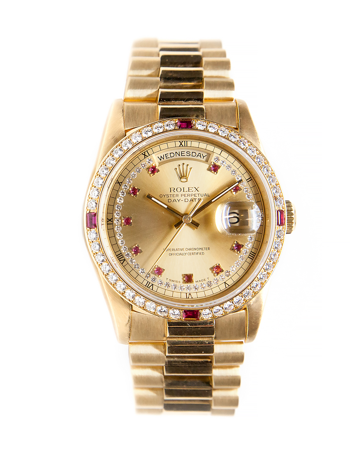 Rolex Day-Date (Ref 18378) 18k Yellow Gold, Diamond & Ruby Bracelet Watch c. 1995