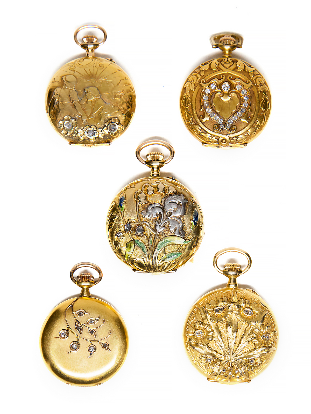 Lot of 5 18k Yellow Gold and Diamond-Set Hunter Case Pocket Watches