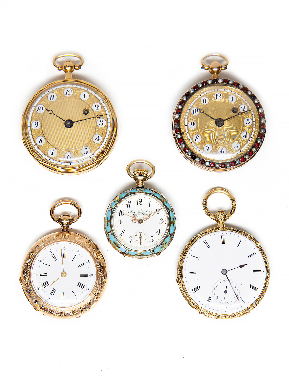 Lot of 5 Small 18k Yellow Gold Decorative Open Face Pocket Watches