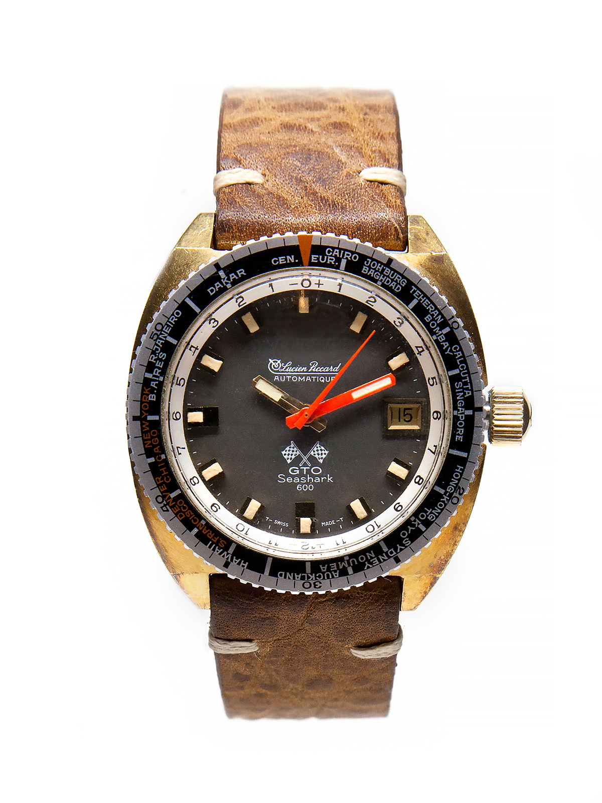 Lucien Piccard "GTO Seashark 600" (Ref 41730) Gold Fill Auto-Date World Time Wristwatch c. 1970s