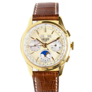 Heuer 18k Yellow Gold Triple Calendar Chronograph Wristwatch with Moonphase c. 1980s
