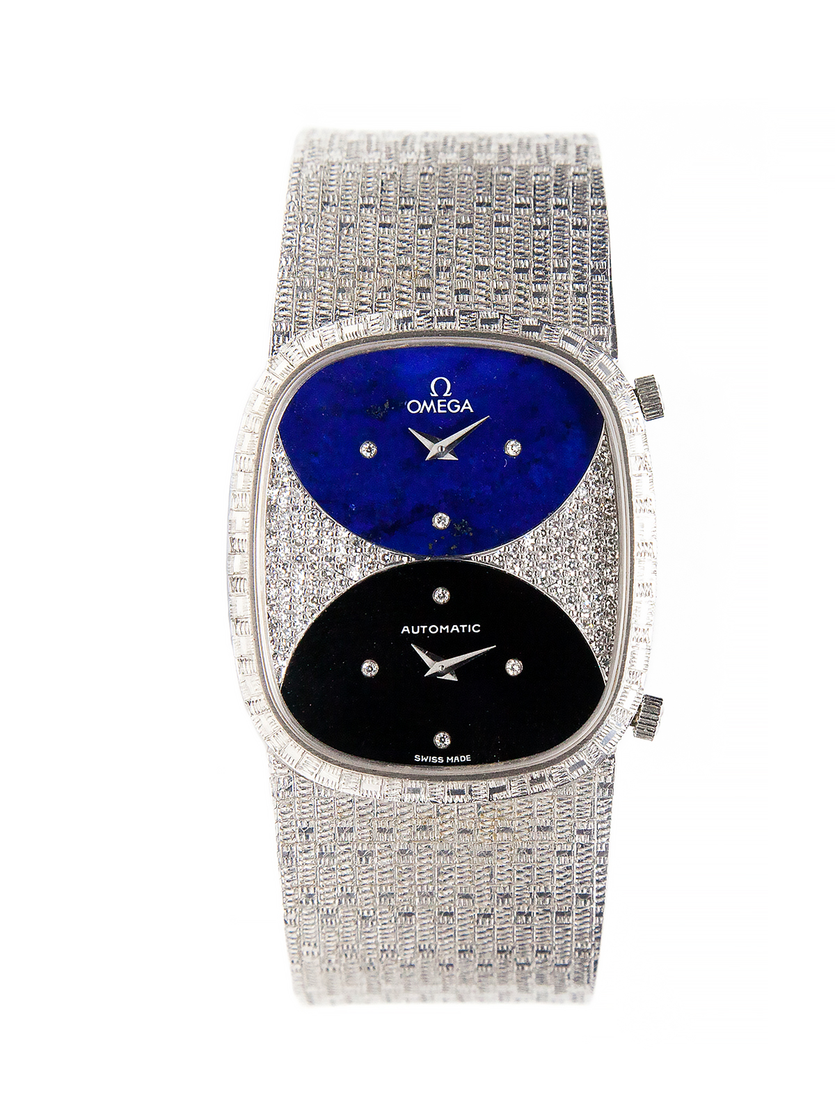 Omega 18k White Gold, Diamond, Onyx & Lapis Dual Time Zone Bracelet Watch c. 1970s