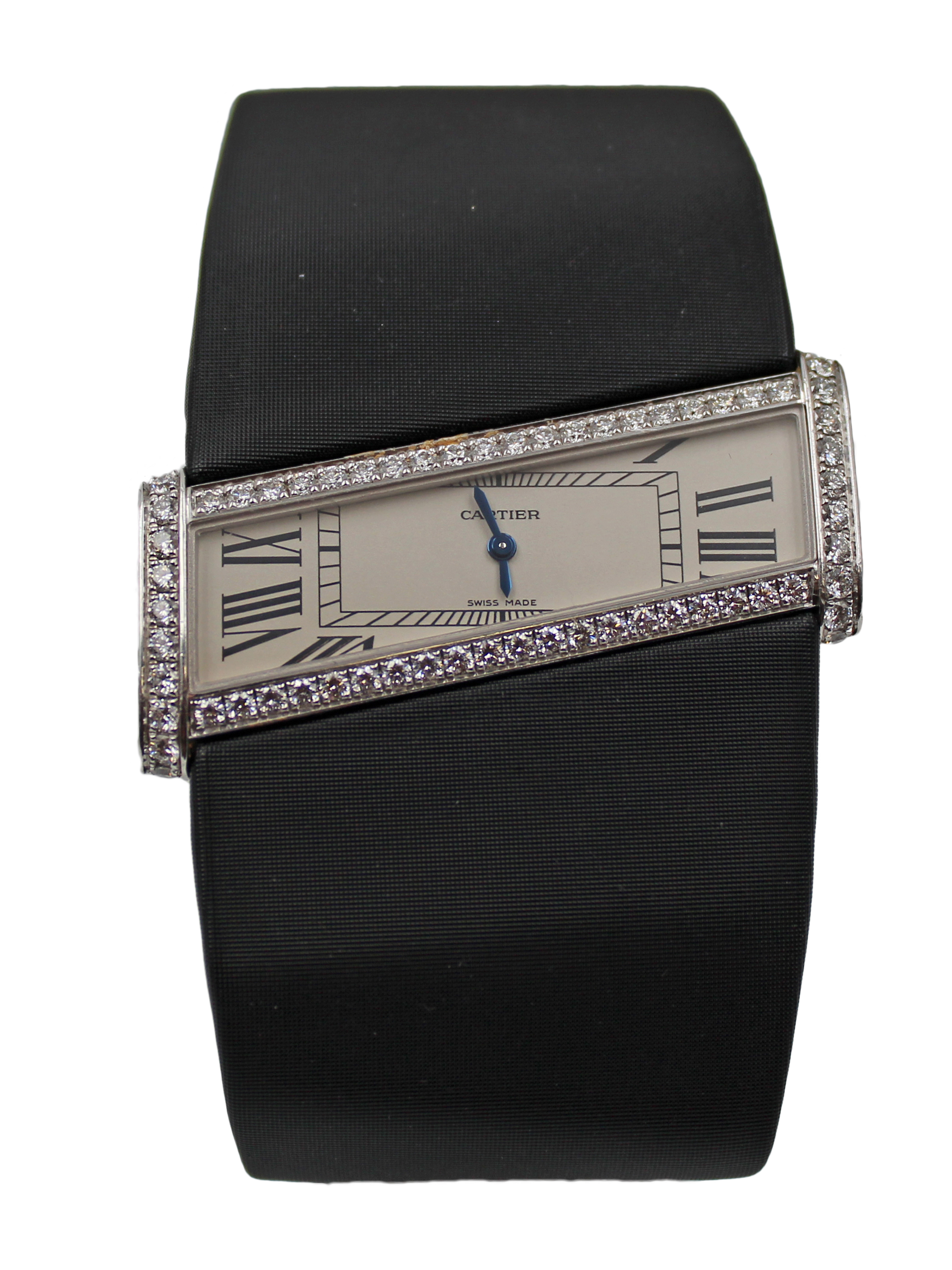 Cartier "Divan Diagonale" 18k White Gold & Diamond Asymmetrical Wristwatch with Box, Ref 2786