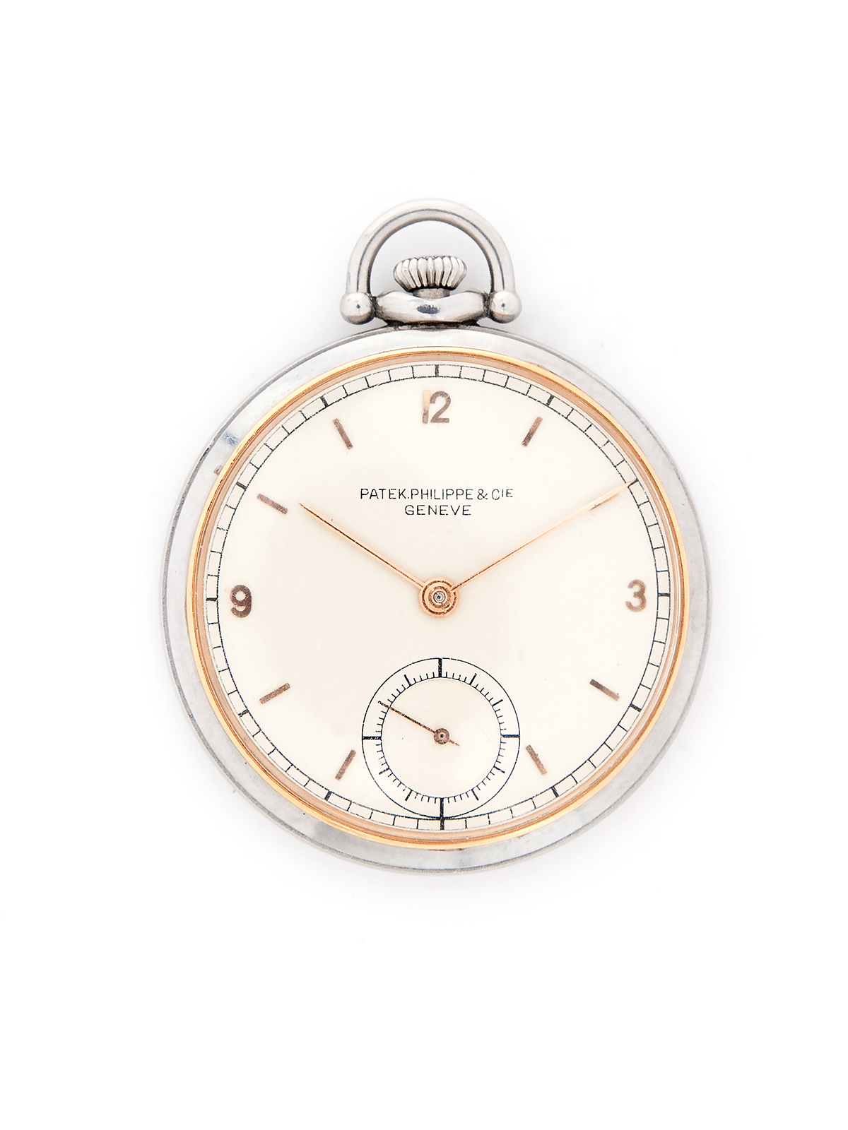 Patek Philippe Stainless Steel & Pink Gold Open Face Pocket Watch w/ Extract, Box & 2 Geneva Seals c. 1943, Ref 660