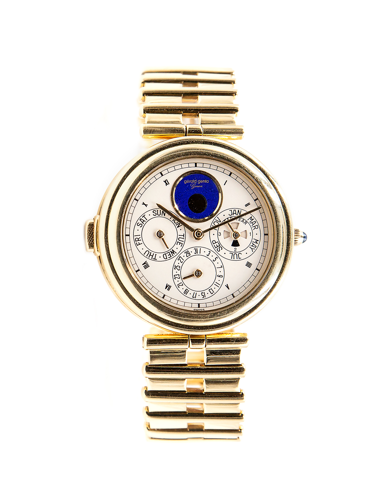 Gerald Genta 18k Yellow Gold Automatic Ltd 43/50 Bracelet Watch w/ Perpetual Calendar, Minute Repeater & Moonphase c. 1980s, Ref G30114