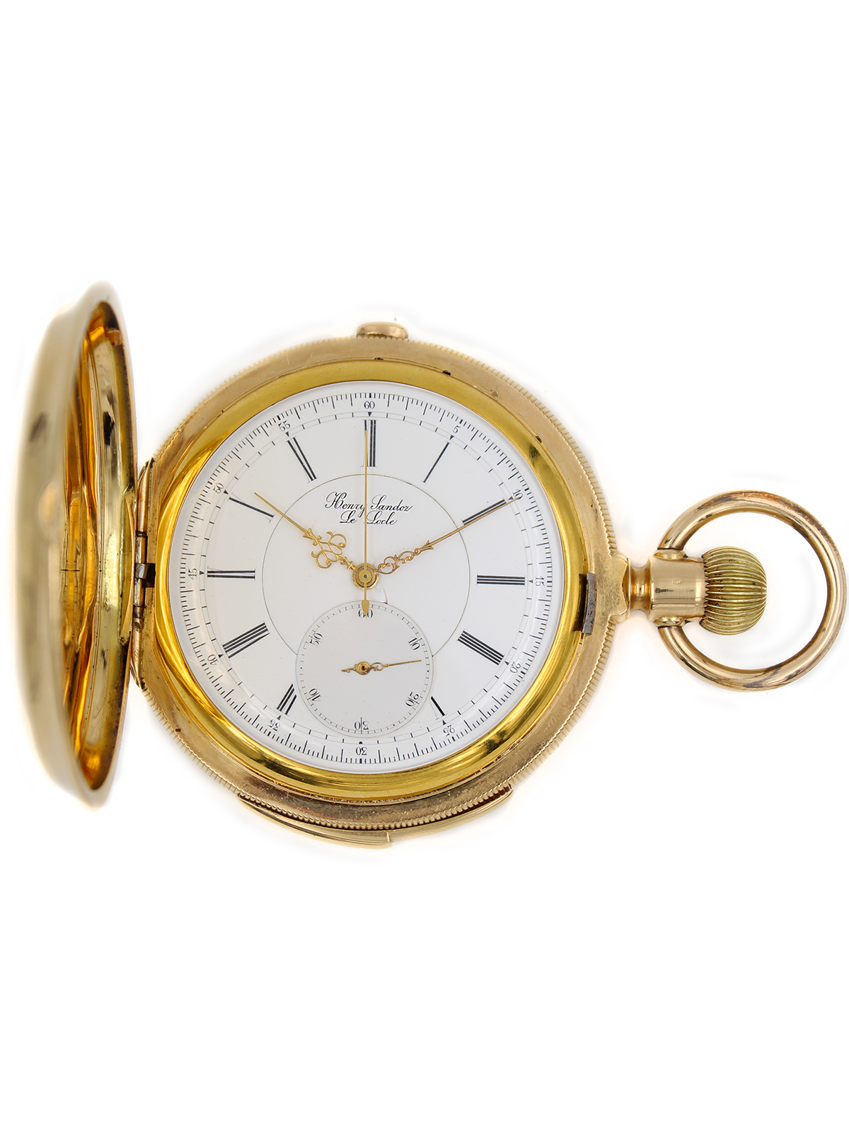 Henry Sandoz 18k Yellow Gold Minute Repeating Chronograph Hunter Pocket Watch w/ Box c. 1980s